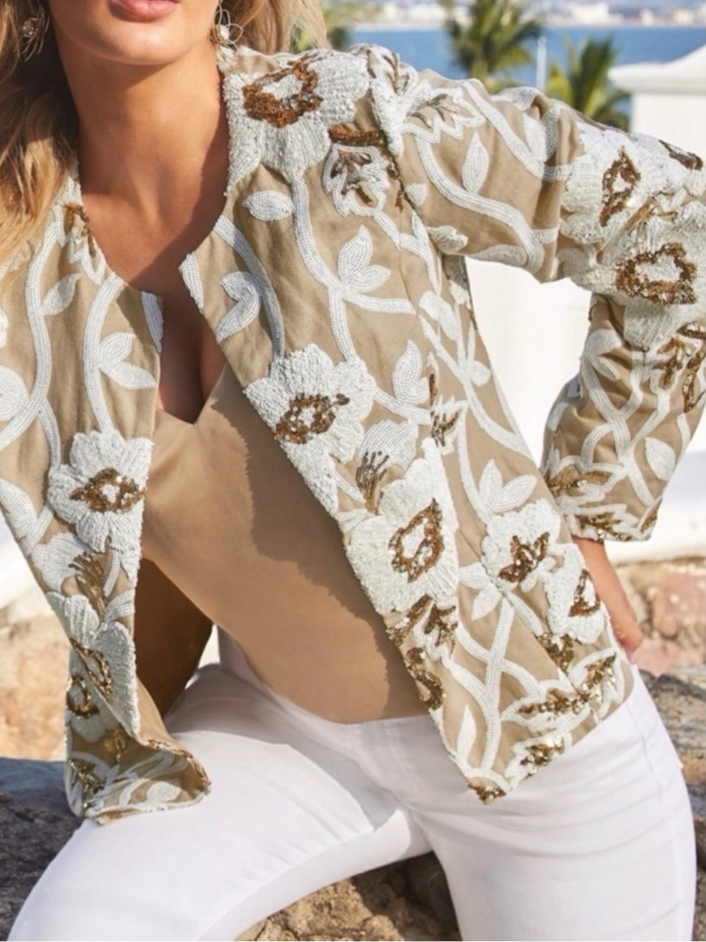 Boston Proper Beige Jacket with White Floral Embroidery and Gold Sequin Accents